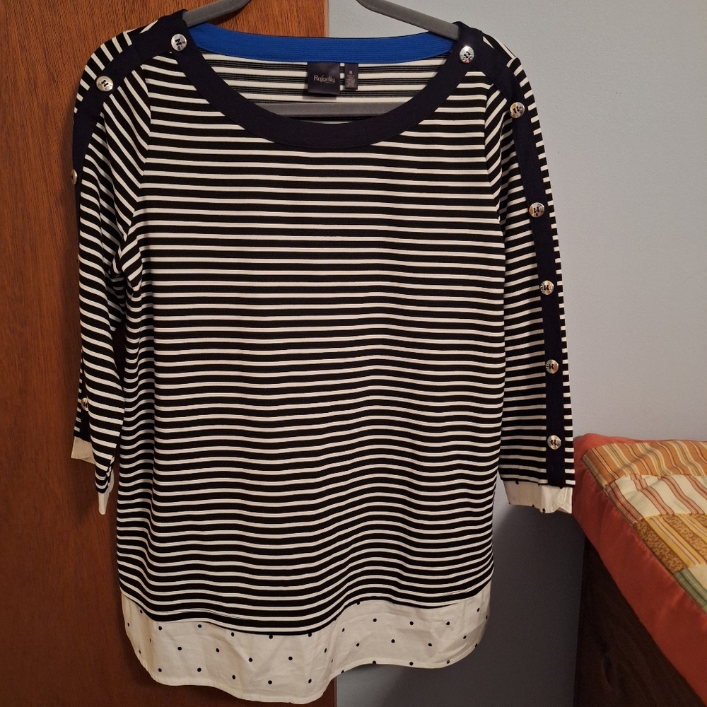 Rafaella Black and White Striped Blouse with Button Accents Women's Size M